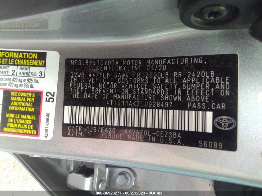 2020 TOYOTA CAMRY SE - 4T1G11AK2LU928497