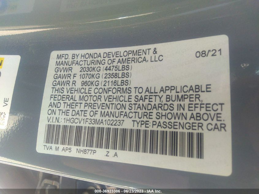 2021 HONDA ACCORD SEDAN SPORT - 1HGCV1F33MA102237