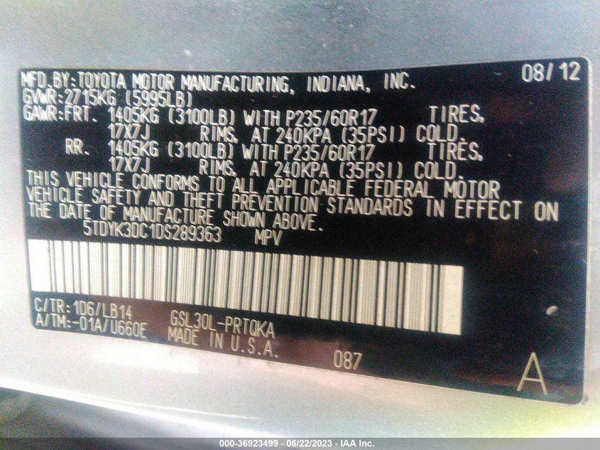 2013 TOYOTA SIENNA XLE AAS/XLE/LTD - 5TDYK3DC1DS289363