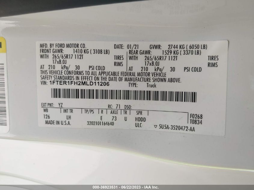 2021 FORD RANGER XL/XLT/LARIAT - 1FTER1FH2MLD11206