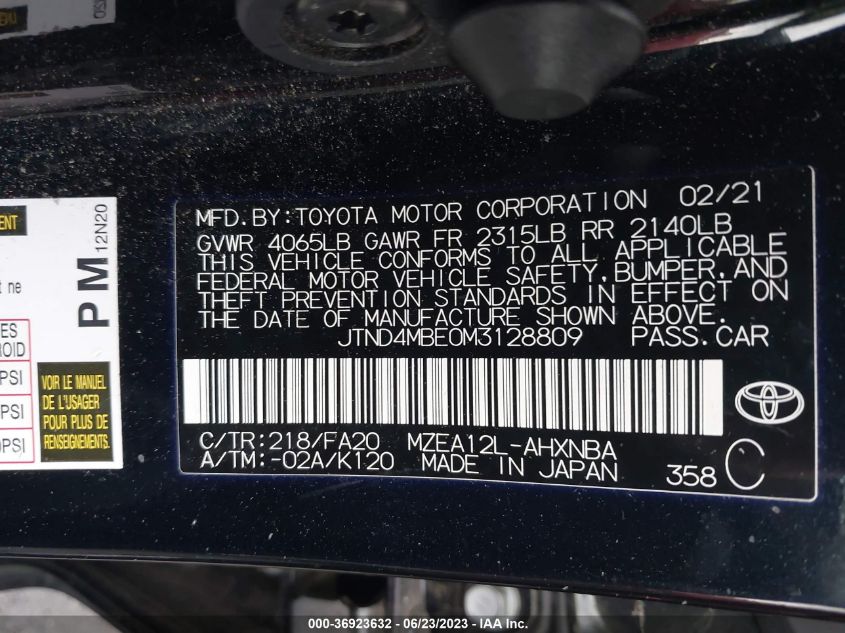 2021 TOYOTA COROLLA HATCHBACK SE/XSE/NIGHTSHADE JTND4MBE0M3128809