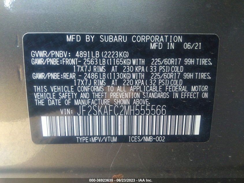 VIN JF2SKAFC2MH555566 2021 SUBARU FORESTER PREMIUM