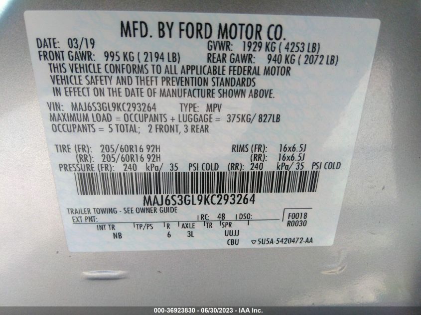 2019 FORD ECOSPORT SE - MAJ6S3GL9KC293264