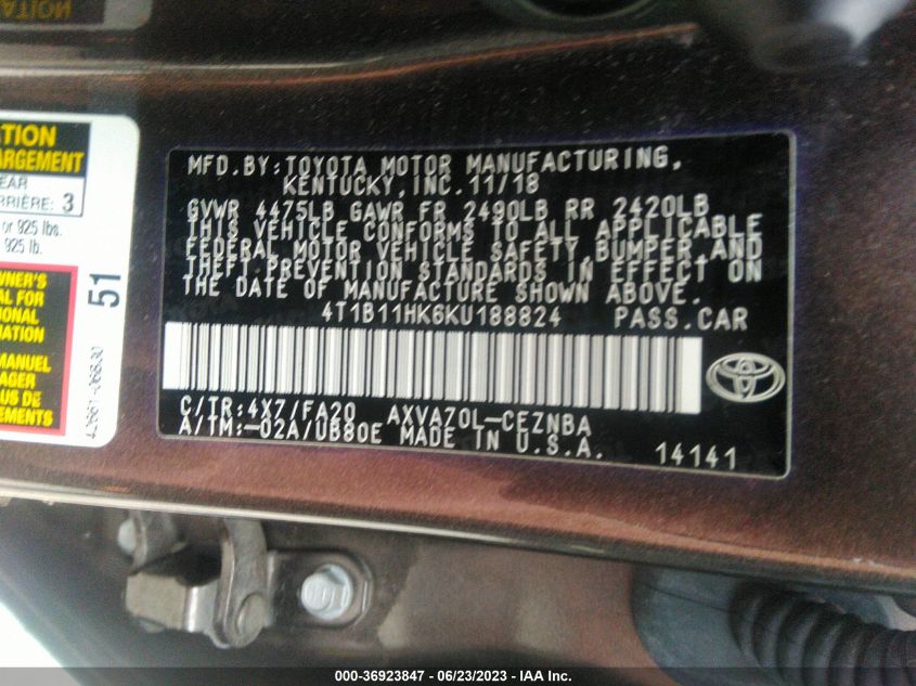 2019 TOYOTA CAMRY L/LE/XLE/SE/XSE - 4T1B11HK6KU188824