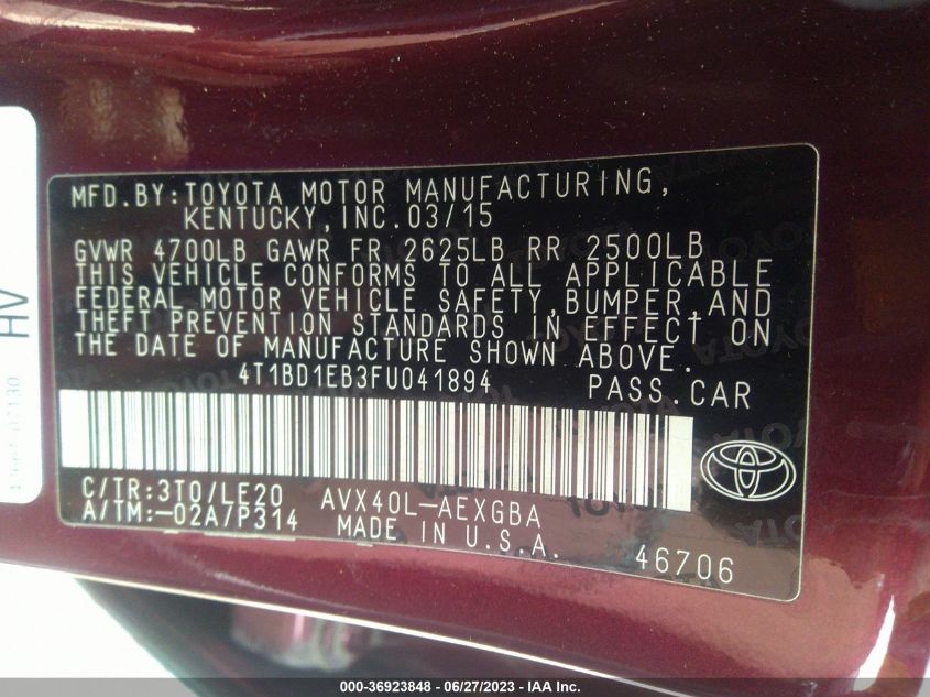 2015 TOYOTA AVALON HYBRID XLE TOURING/LIMITED 4T1BD1EB3FU041894