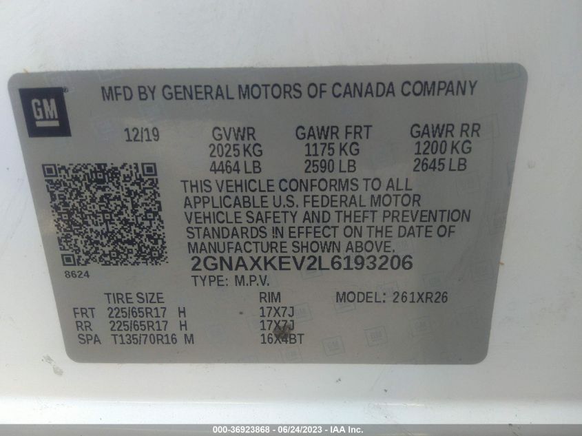 2020 CHEVROLET EQUINOX LT - 2GNAXKEV2L6193206