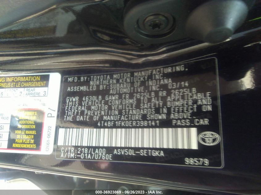 2014 TOYOTA CAMRY L/LE/XLE/SE/SE SPORT - 4T4BF1FK0ER398141