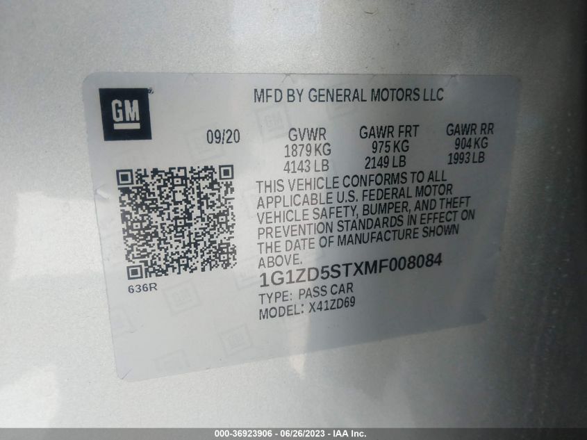 2021 CHEVROLET MALIBU LT - 1G1ZD5STXMF008084