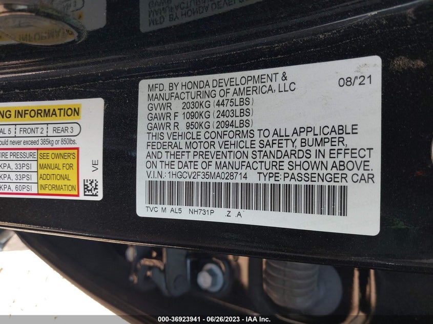 VIN 1HGCV2F35MA028714 2021 HONDA ACCORD SEDAN SPORT