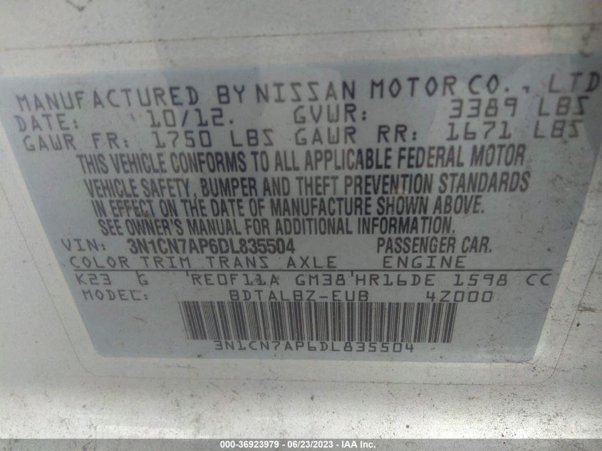 2013 NISSAN VERSA SV - 3N1CN7AP6DL835504
