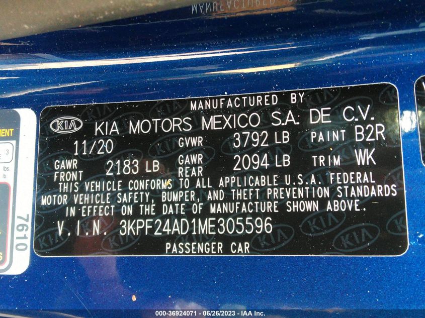 2021 KIA FORTE LXS - 3KPF24AD1ME305596