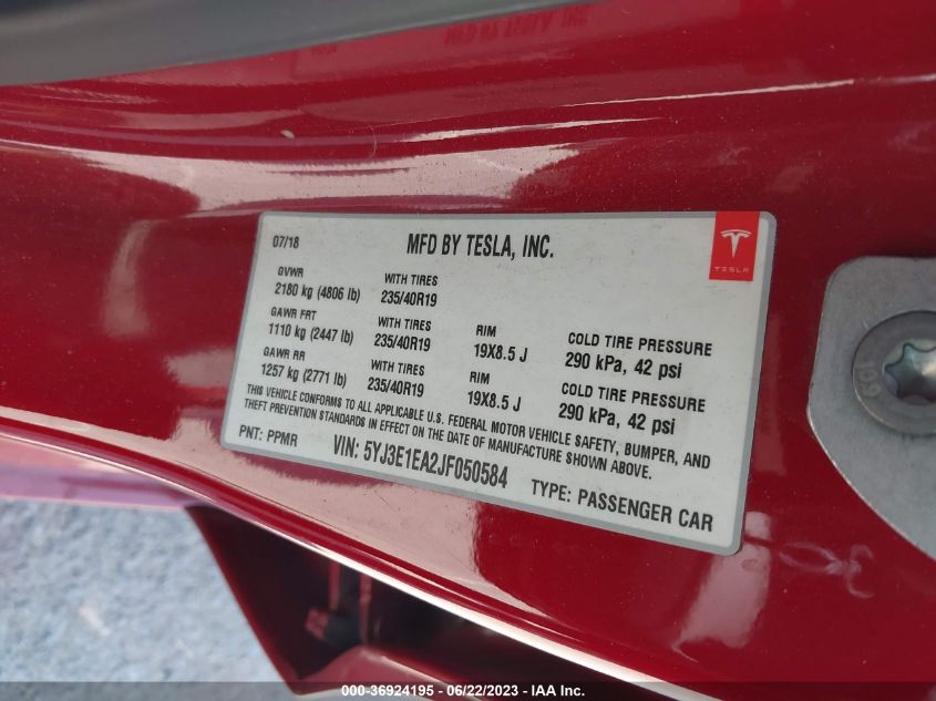 2018 TESLA MODEL 3 RANGE BATTERY - 5YJ3E1EA2JF050584