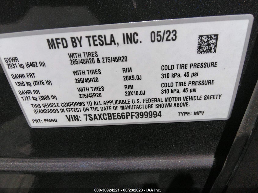 VIN 7SAXCBE66PF399994 2023 TESLA MODEL X PLAID