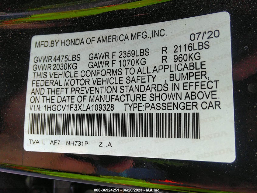 VIN 1HGCV1F3XLA109328 2020 HONDA ACCORD SEDAN SPORT