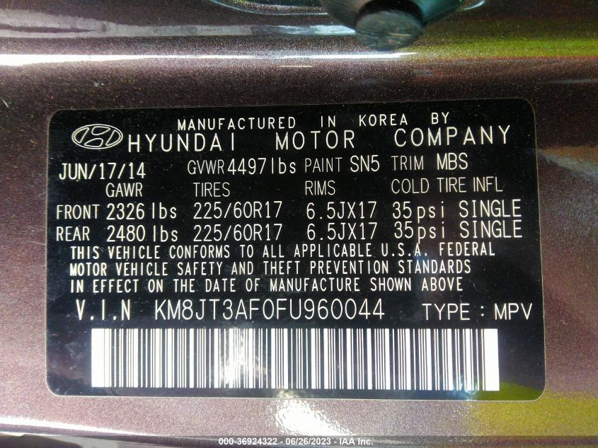 2015 HYUNDAI TUCSON GLS - KM8JT3AF0FU960044