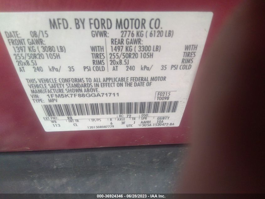 2016 FORD EXPLORER LIMITED - 1FM5K7F88GGA71711