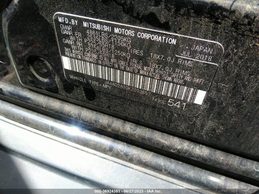2019 MITSUBISHI OUTLANDER ES - JA4AD2A30KZ003857