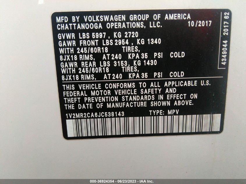 2018 VOLKSWAGEN ATLAS 3.6L V6 SEL - 1V2MR2CA6JC538143