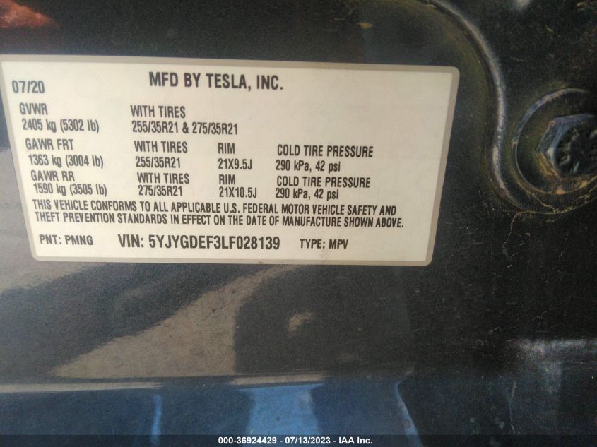 2020 TESLA MODEL Y LONG RANGE/PERFORMANCE - 5YJYGDEF3LF028139