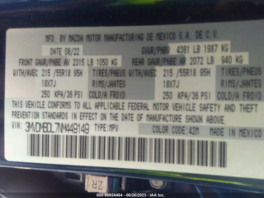 VIN 3MVDMBDL7NM449149 2022 MAZDA CX-30 2.5 S PREMIUM PACKAGE