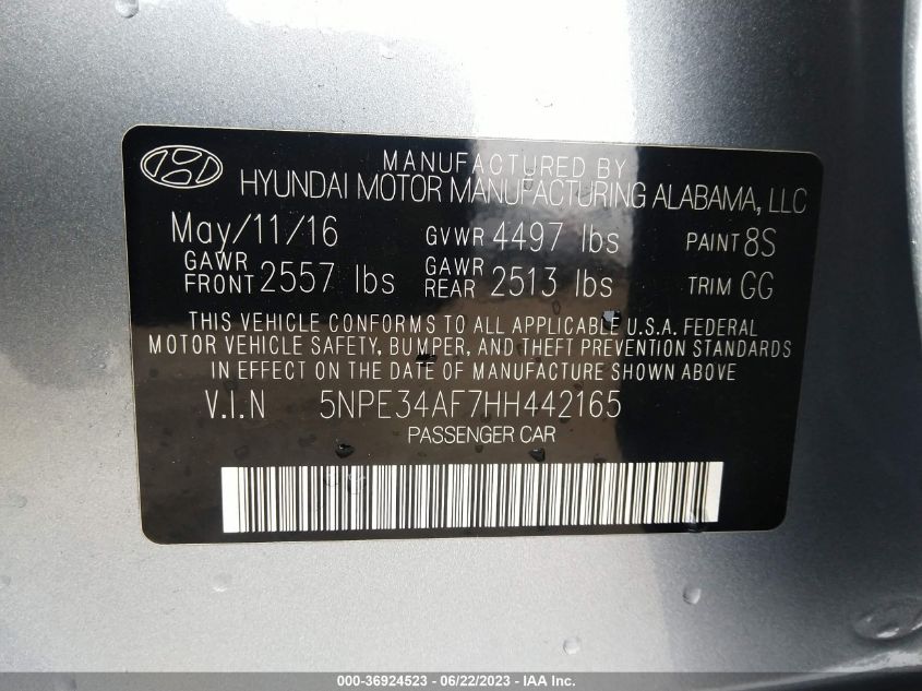 2017 HYUNDAI SONATA SPORT - 5NPE34AF7HH442165