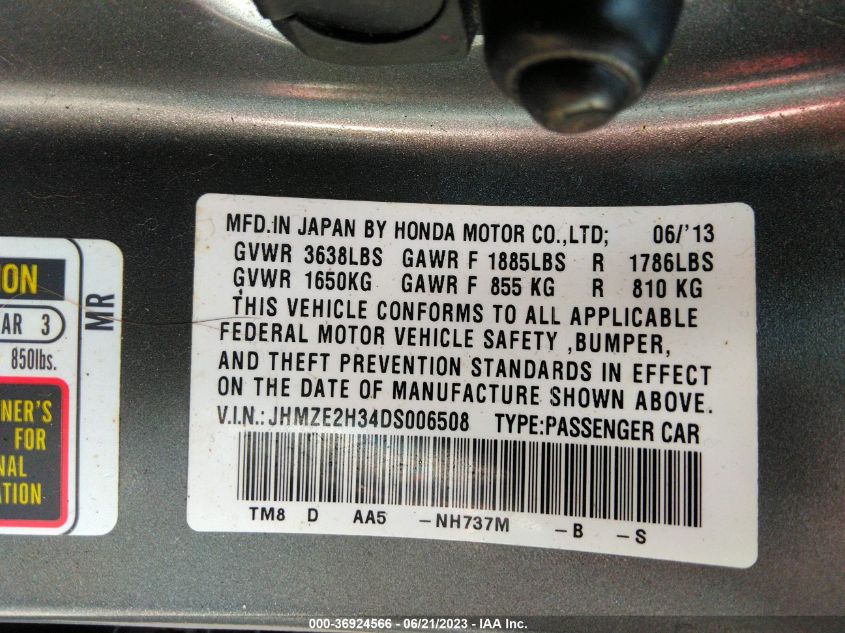 2013 HONDA INSIGHT JHMZE2H34DS006508