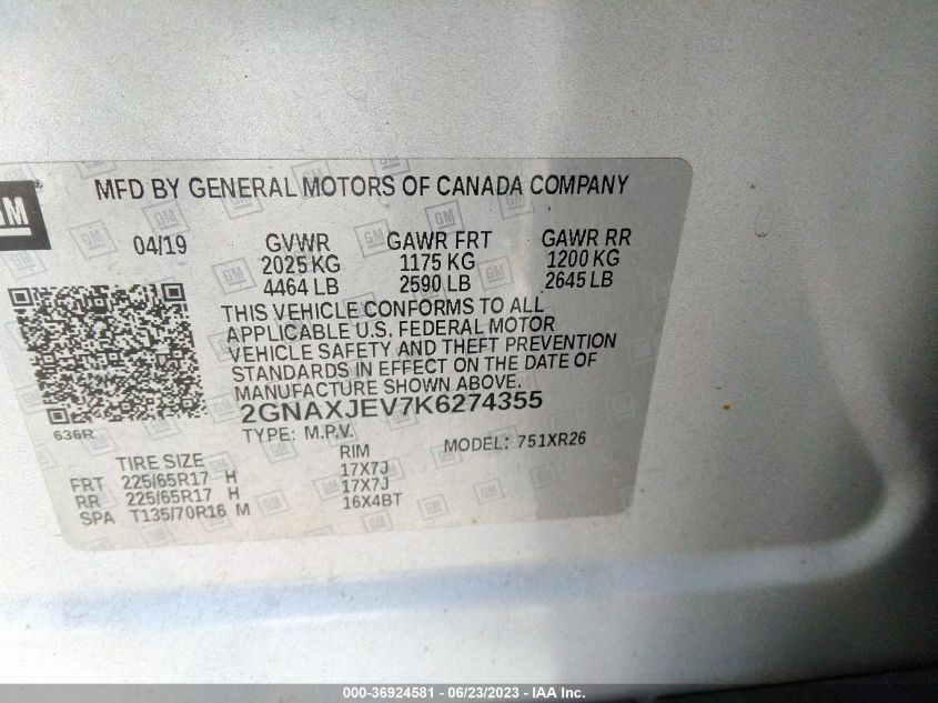 2019 CHEVROLET EQUINOX LT - 2GNAXJEV7K6274355