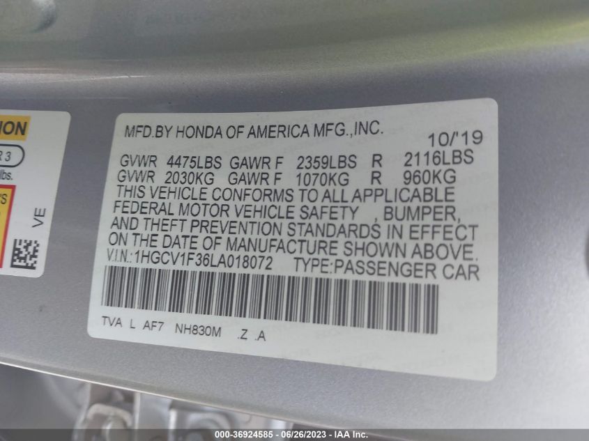 2020 HONDA ACCORD SEDAN SPORT - 1HGCV1F36LA018072