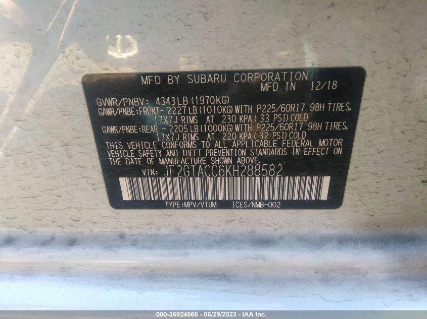 2019 SUBARU CROSSTREK PREMIUM - JF2GTACC6KH288582