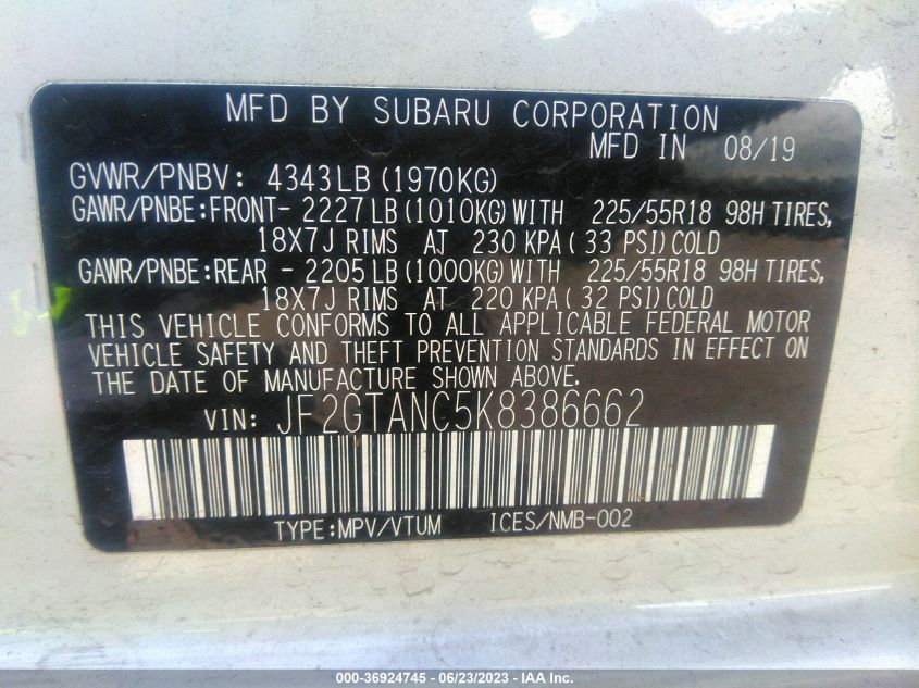 2019 SUBARU CROSSTREK LIMITED - JF2GTANC5K8386662