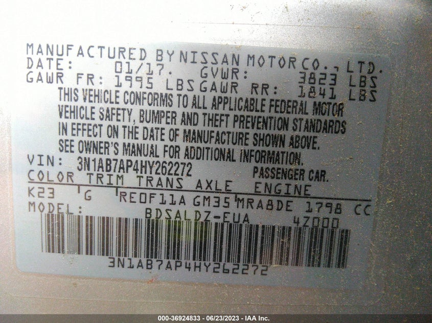 VIN 3N1AB7AP4HY262272 2017 NISSAN SENTRA SV