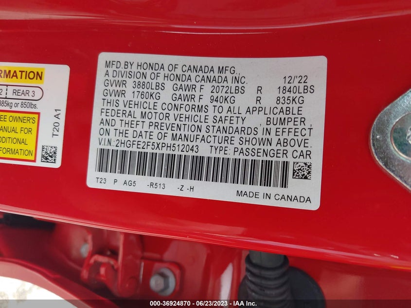 VIN 2HGFE2F5XPH512043 2023 HONDA CIVIC SEDAN SPORT