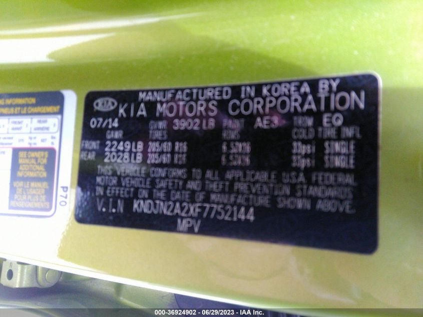 2015 KIA SOUL BASE - KNDJN2A2XF7752144