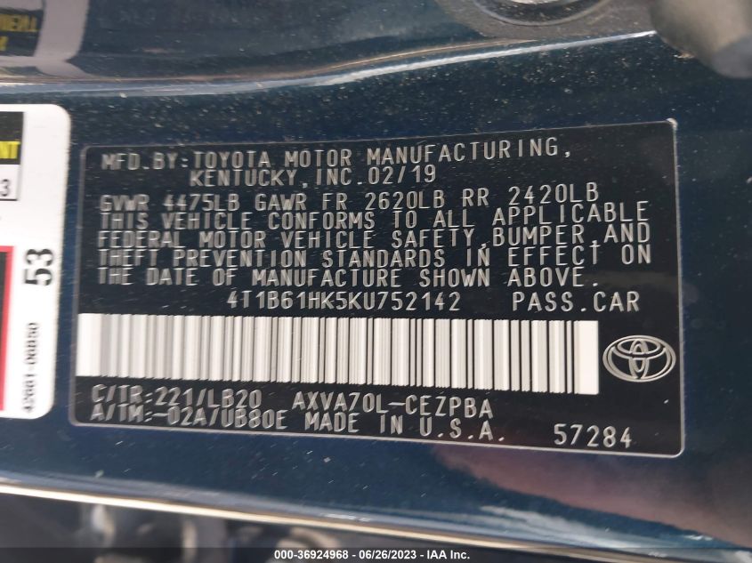 2019 TOYOTA CAMRY XSE - 4T1B61HK5KU752142
