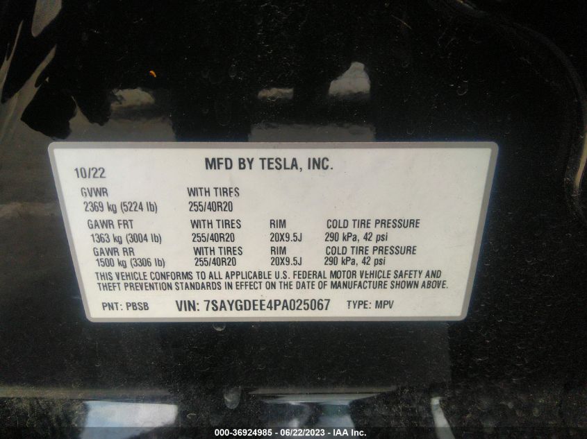 2023 TESLA MODEL Y LONG RANGE - 7SAYGDEE4PA025067