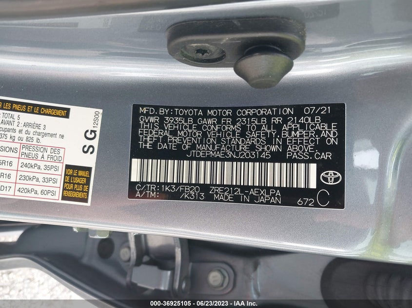 VIN JTDEPMAE3NJ203145 2022 TOYOTA COROLLA LE