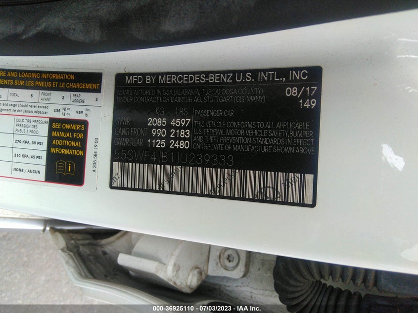 VIN 55SWF4JB1JU239333 2018 MERCEDES-BENZ C-CLASS C 300