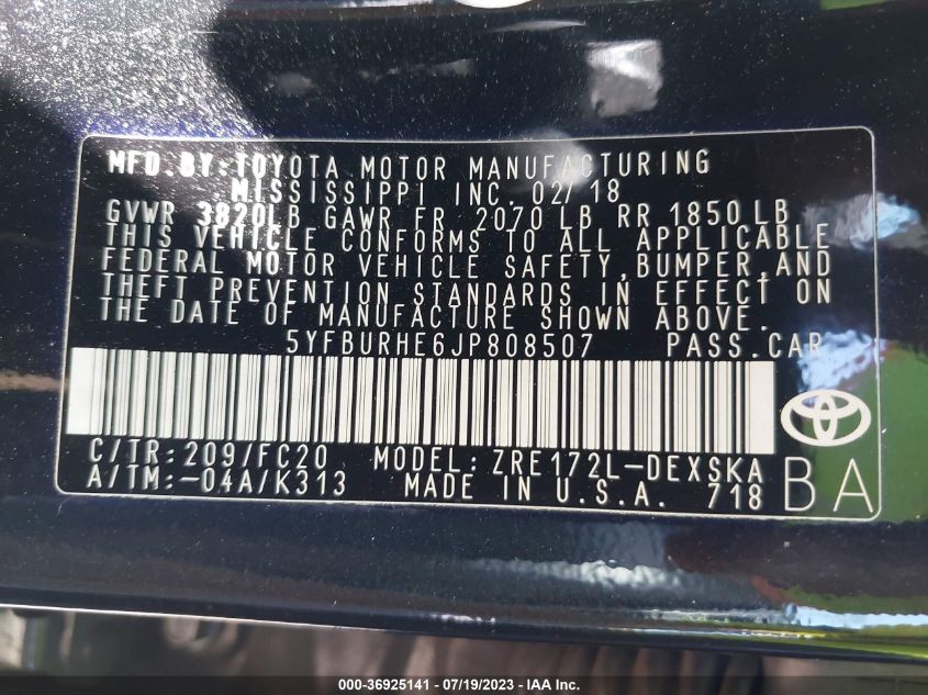 2018 TOYOTA COROLLA L/LE/XLE/SE/XSE - 5YFBURHE6JP808507