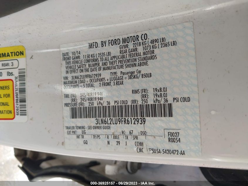 2015 LINCOLN MKZ HYBRID 3LN6L2LU9FR612939