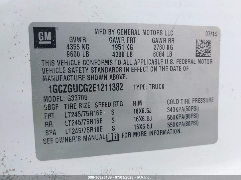 2014 CHEVROLET EXPRESS CARGO VAN - 1GCZGUCG2E1211382