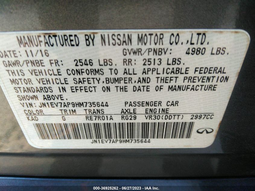 2017 INFINITI Q50 3.0T PREMIUM - JN1EV7AP9HM735644