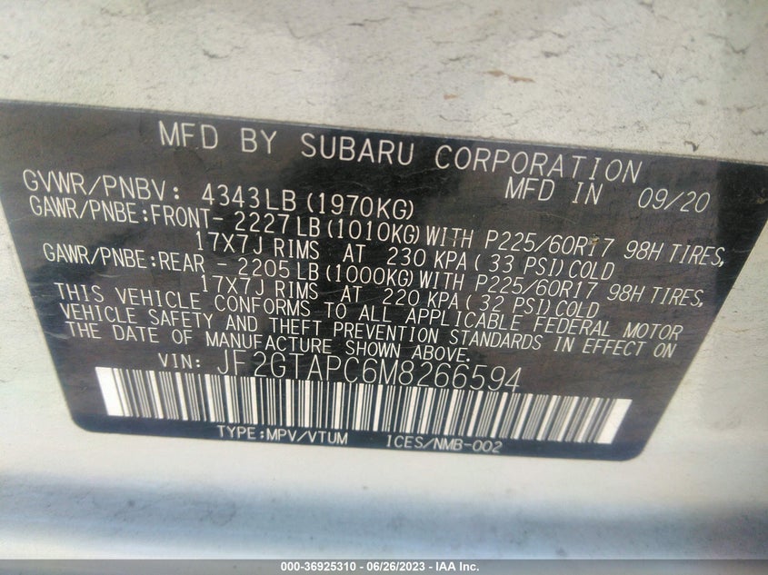 VIN JF2GTAPC6M8266594 2021 SUBARU CROSSTREK PREMIUM