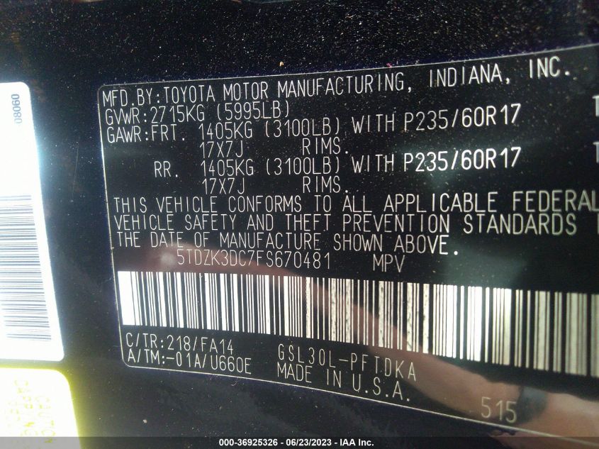 2015 TOYOTA SIENNA L - 5TDZK3DC7FS670481