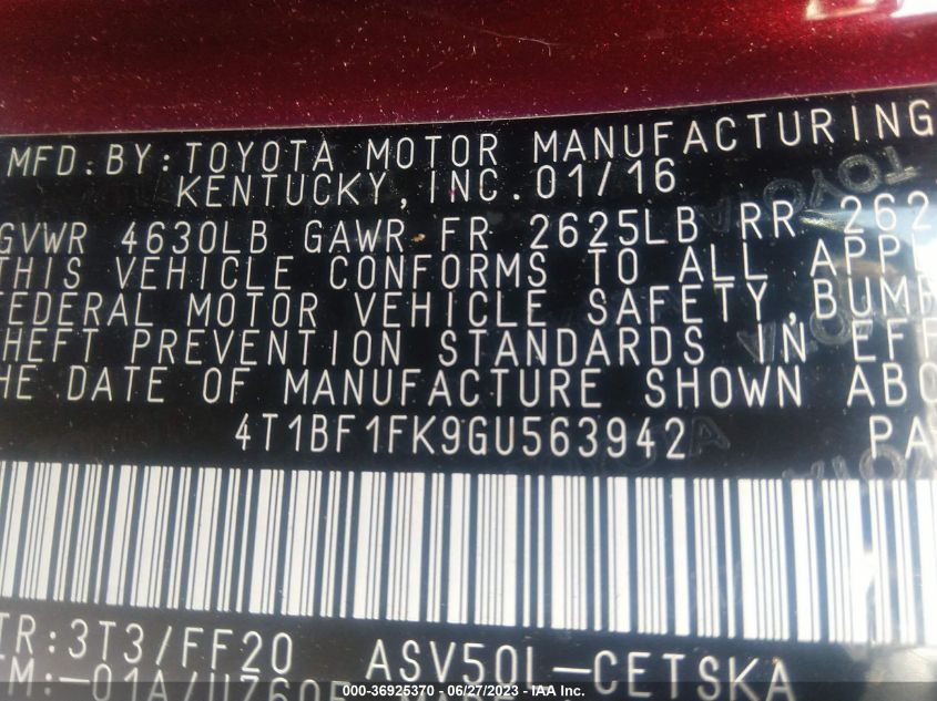2016 TOYOTA CAMRY XLE/SE/LE/XSE - 4T1BF1FK9GU563942