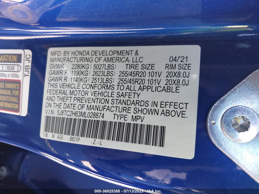 VIN 5J8TC2H63ML028874 2021 ACURA RDX W/A-SPEC PACKAGE