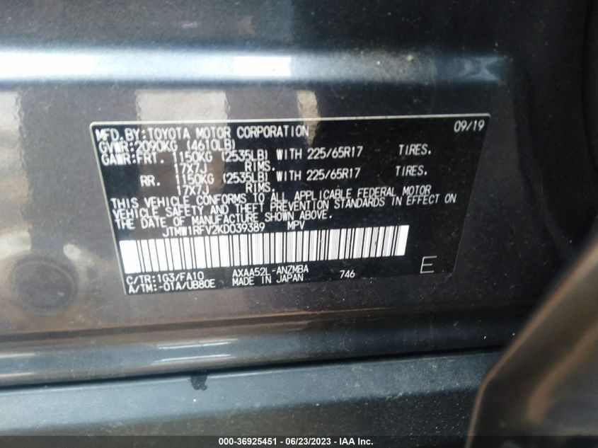 2019 TOYOTA RAV4 XLE/XLE PREMIUM - JTMW1RFV2KD039389