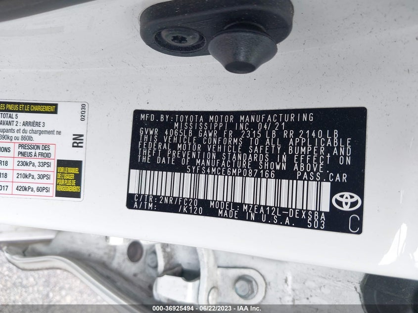 VIN 5YFS4MCE6MP087166 2021 TOYOTA COROLLA SE/NIGHTSHADE/APEX SE