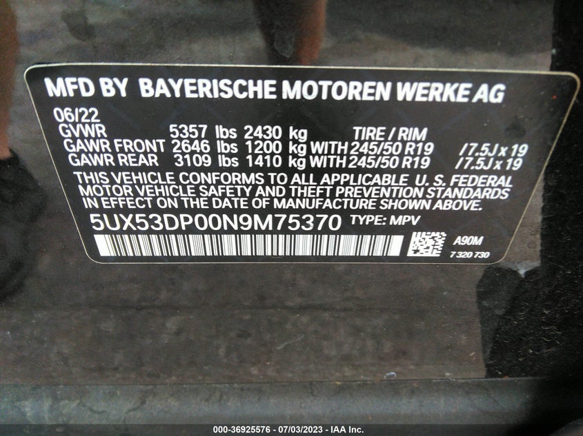VIN 5UX53DP00N9M75370 2022 BMW X3 XDRIVE30I