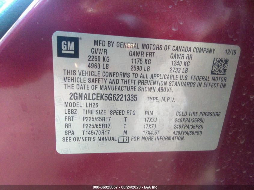 2016 CHEVROLET EQUINOX LT - 2GNALCEK5G6221335