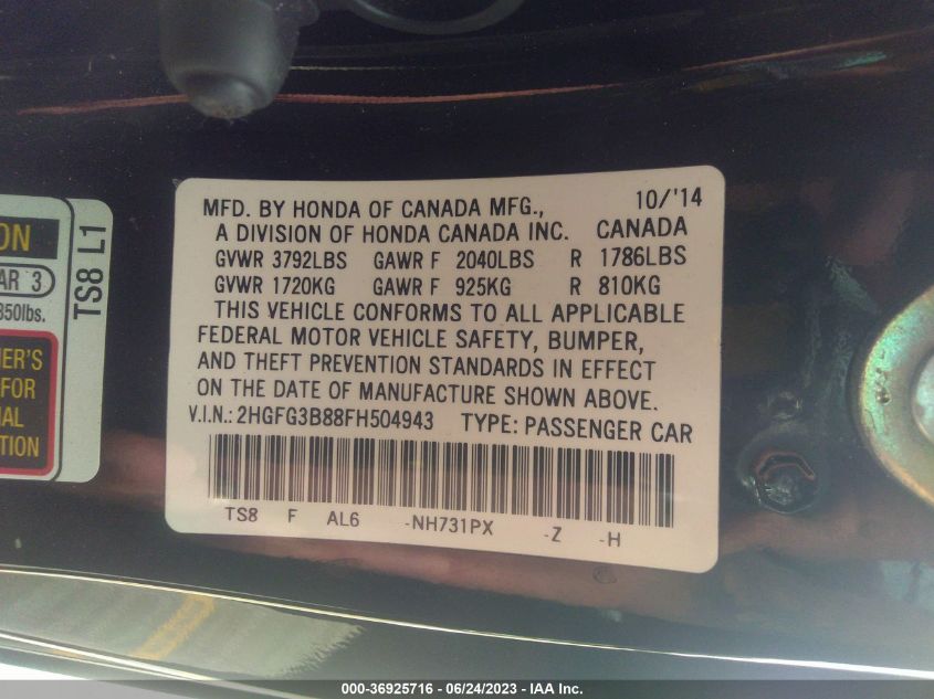 2015 HONDA CIVIC COUPE EX - 2HGFG3B88FH504943
